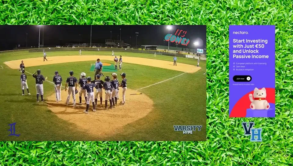 A baseball broadcast squeezed to one side, with a tall ad in the freed-up space beside it