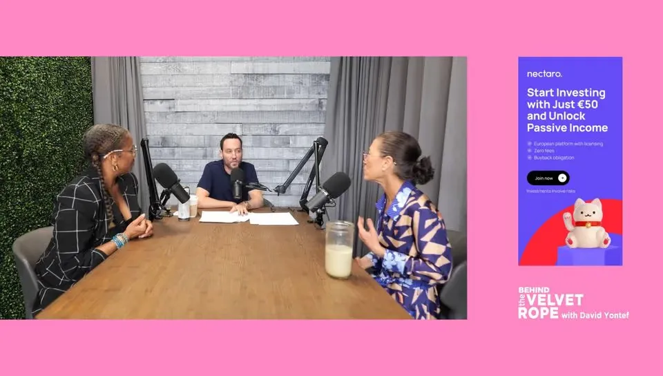 A podcast video squeezed to one side, with a tall ad in the freed-up space beside it