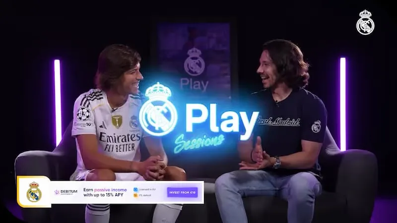 Real Madrid Play Sessions interview with a lower-third banner ad