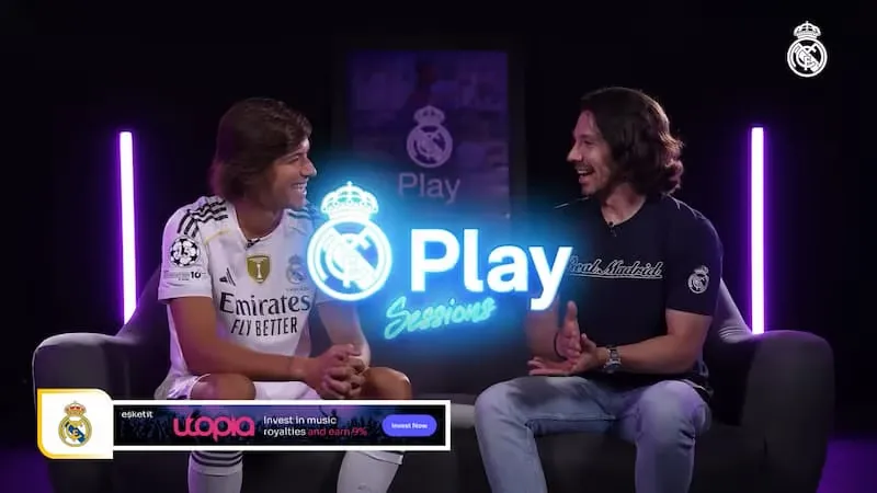 Real Madrid Play Sessions interview with a programmatic banner ad in the lower third